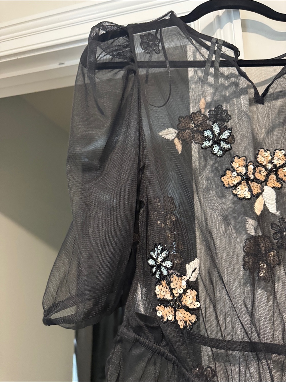 Anthropologie Black Sheer Mesh Floral Appliqué Peplum Blouse - Picture 4 of 5
